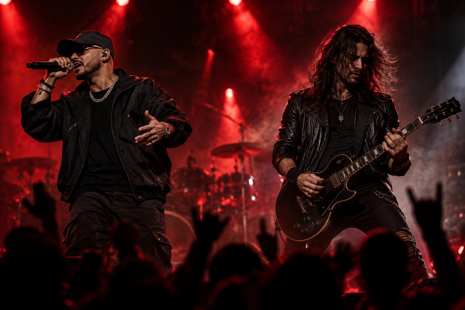 Un cantante de reggaetón y un guitarrista de rock en un escenario con luces rojas